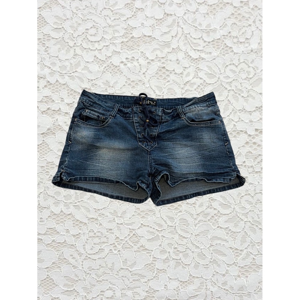 vintage lei low rise lace up denim mini shorts